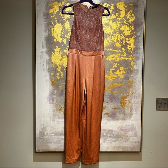 Beaded and Satin Jumpsuit sleeveless Salmon Color - Picture 9 of 15